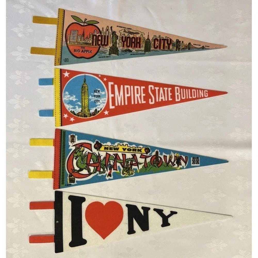 4 Vintage New York City Souvenir Pennants  Retro Chinatown ,Dragon , Skyline